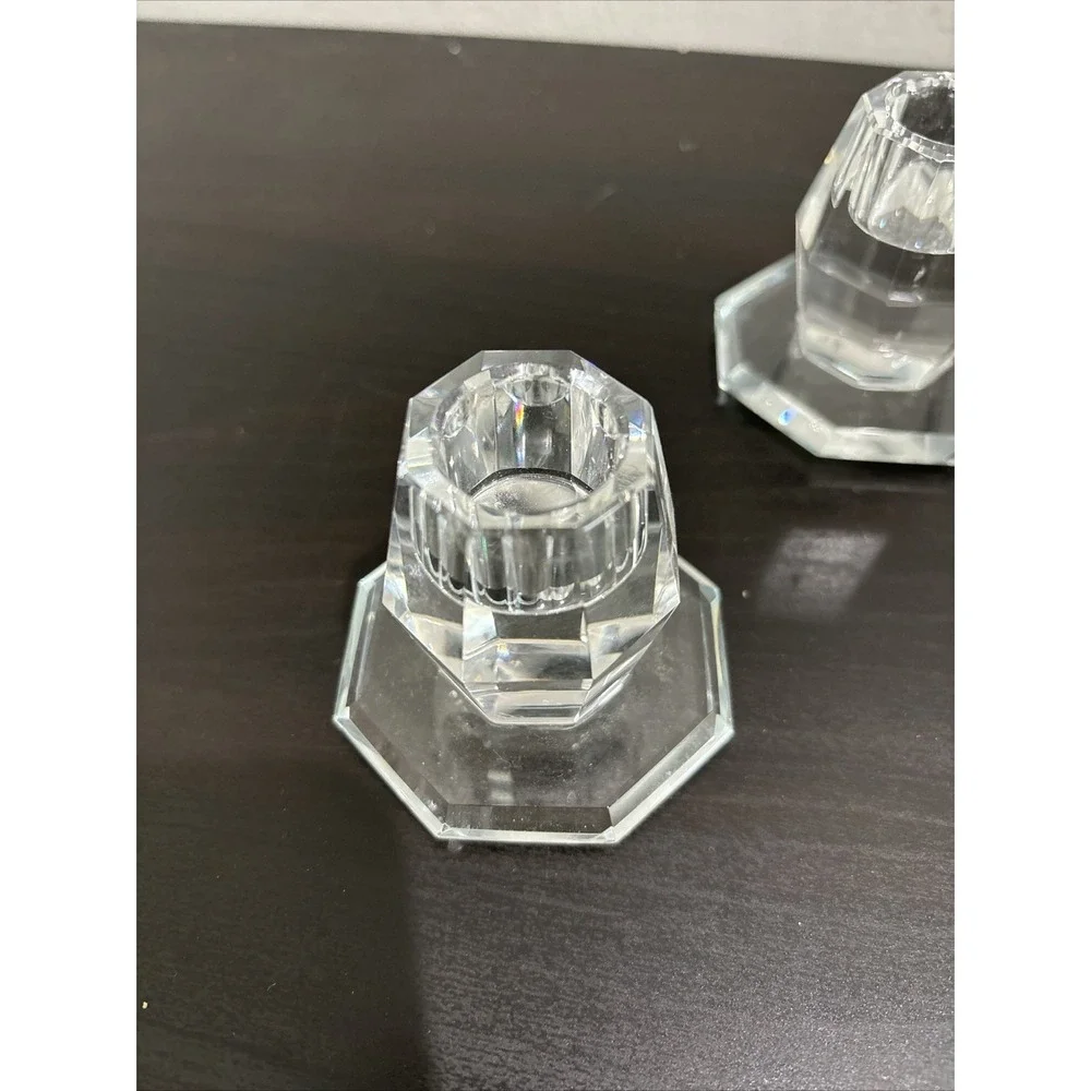 Signed Oleg Cassini Set of 2 Crystal Candle Holders Clear Hexagon